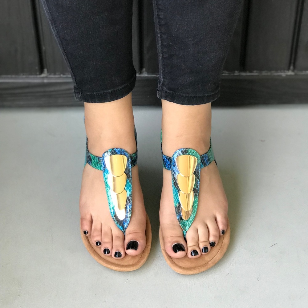 Snake Leather Metal Accent Kitten Wedge Sandal - Picture 5 of 8